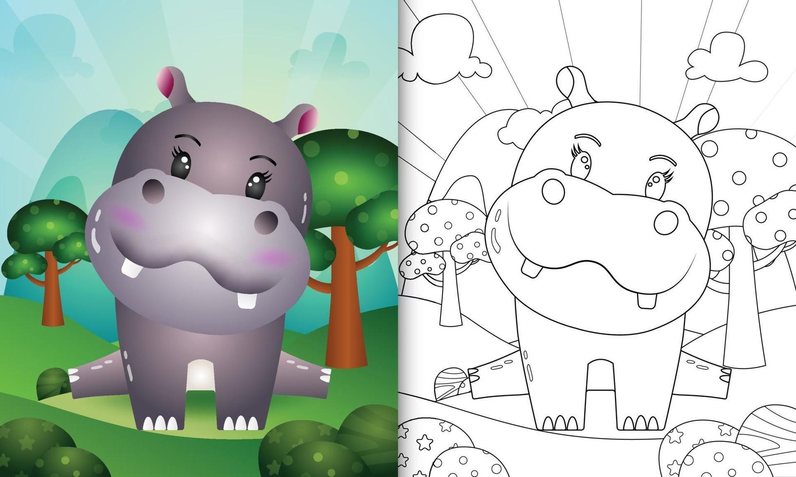 coloring book for kids with a cute hippo character illustration vector