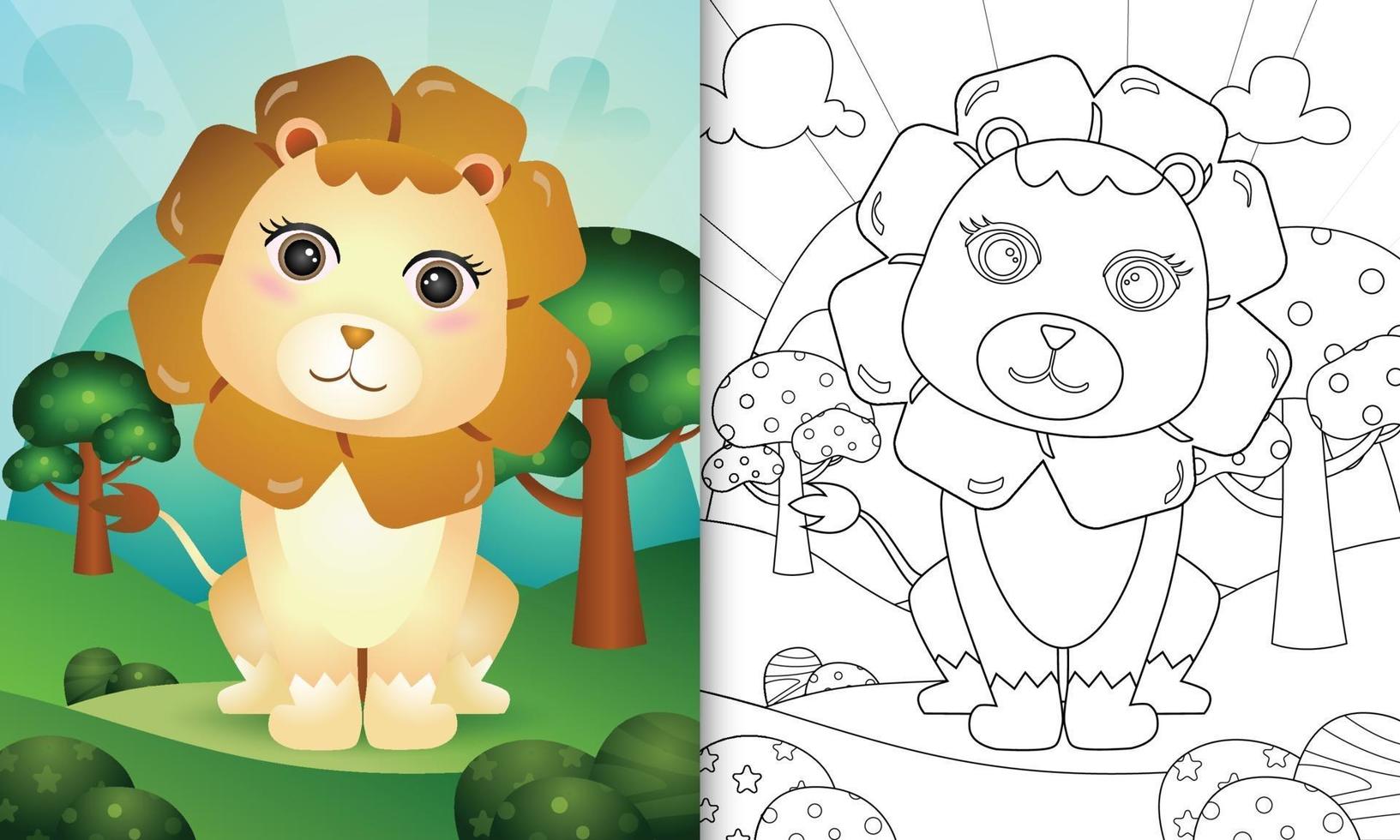 libro para colorear para niños con una linda ilustración de personaje de león vector