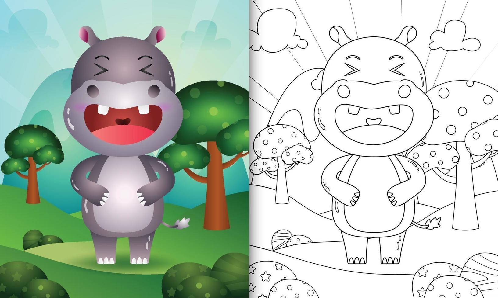 libro para colorear para niños con una linda ilustración de personaje de hipopótamo vector