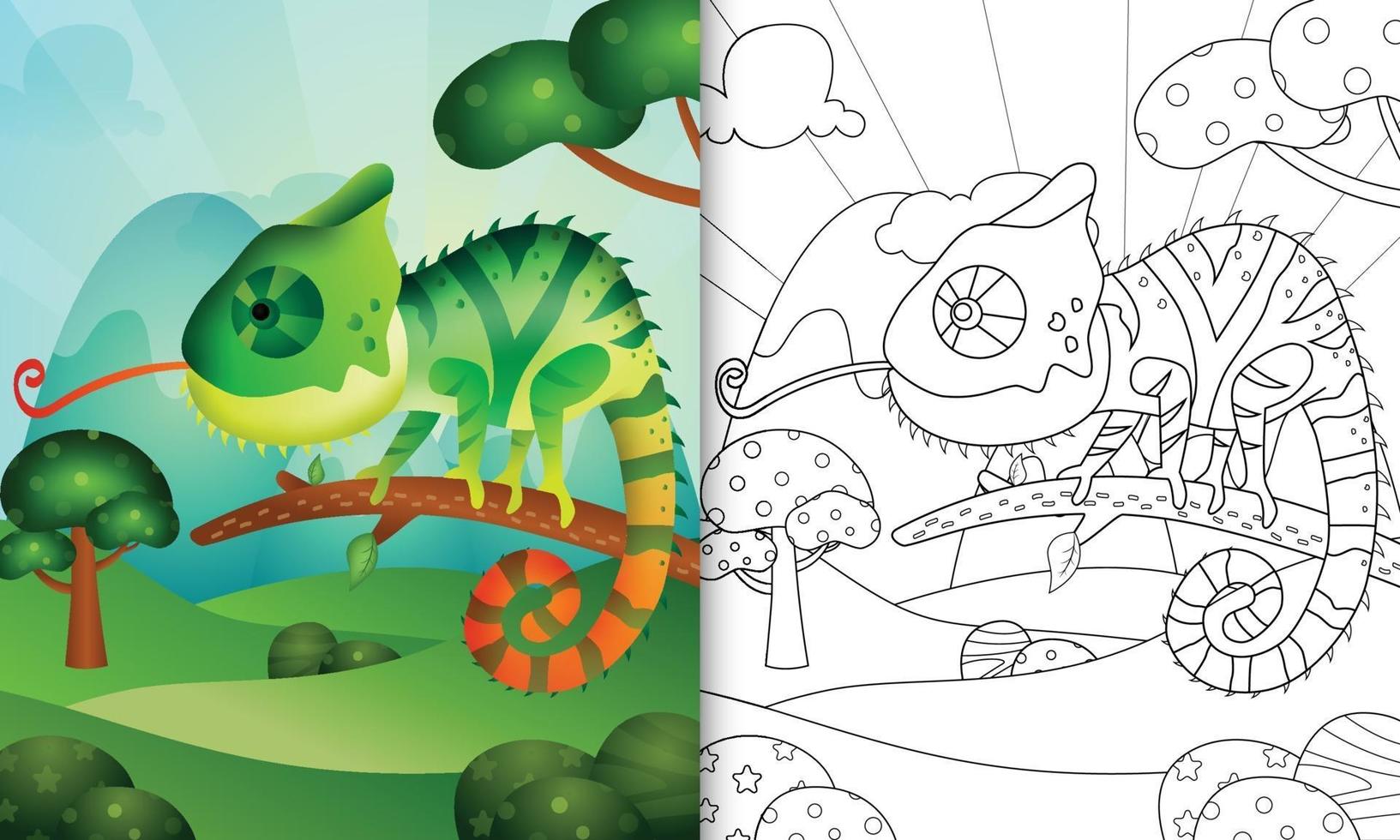 libro para colorear para niños con una linda ilustración de personaje camaleón vector