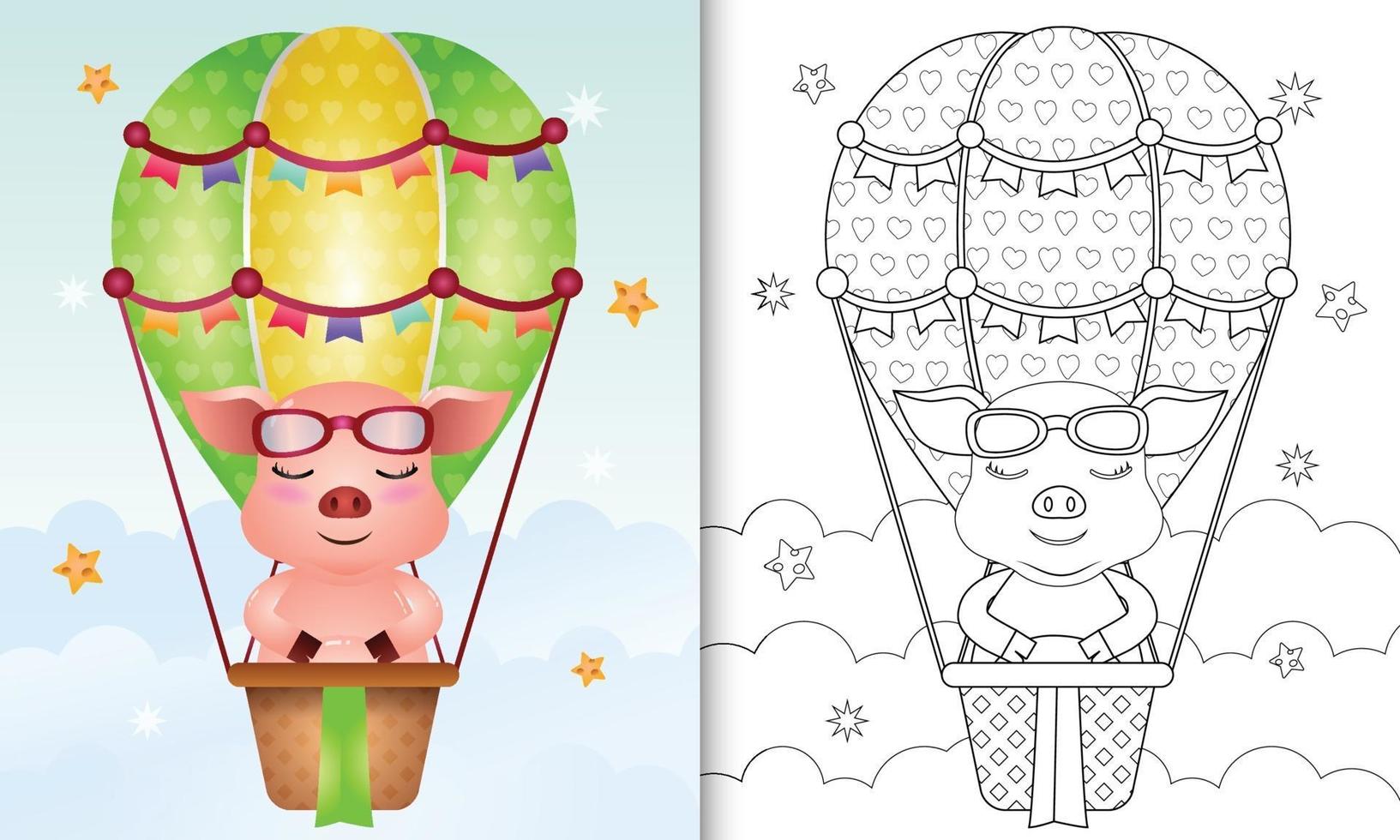 coloring book for kids with a cute pig on hot air balloon vector