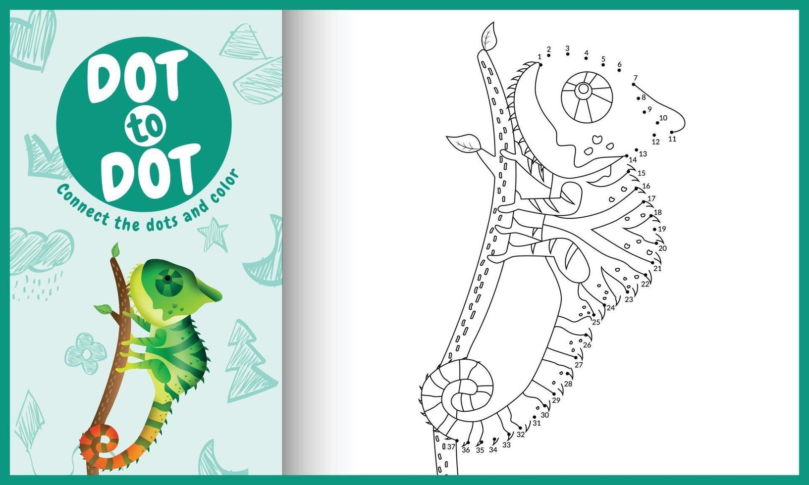 Connect the dots kids game and coloring page with a cute chameleon character illustration vector