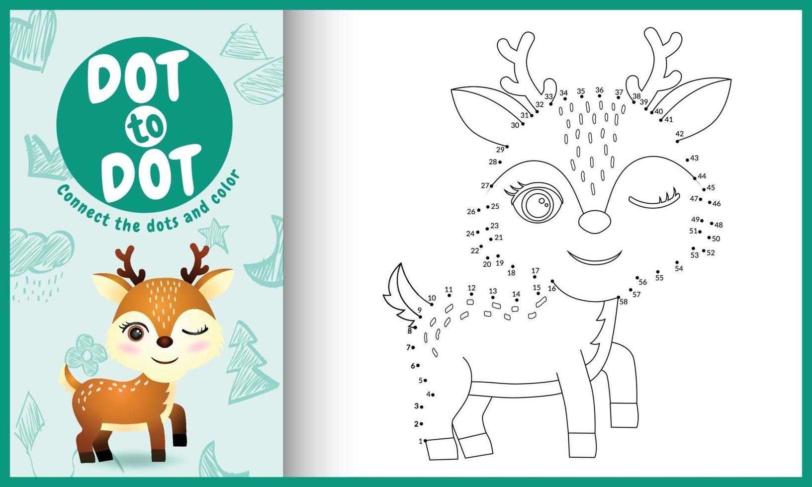 Connect the dots kids game and coloring page with a cute deer character illustration vector