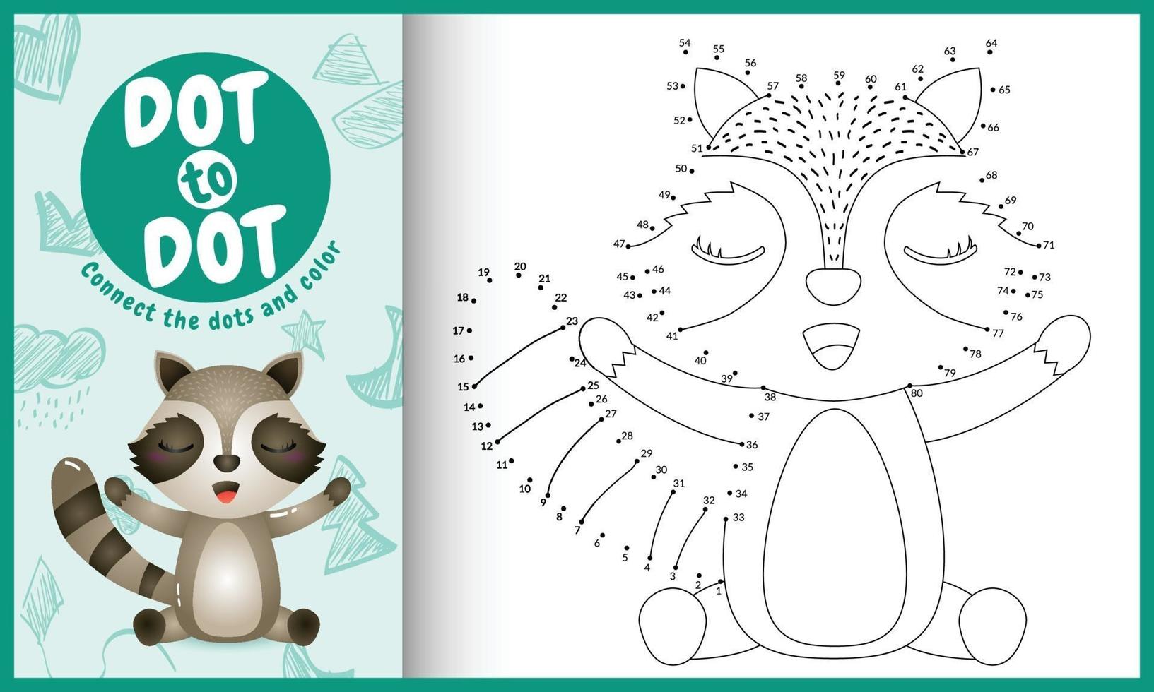 conecta el juego de niños de puntos y la página para colorear con una linda ilustración de personaje de mapache vector