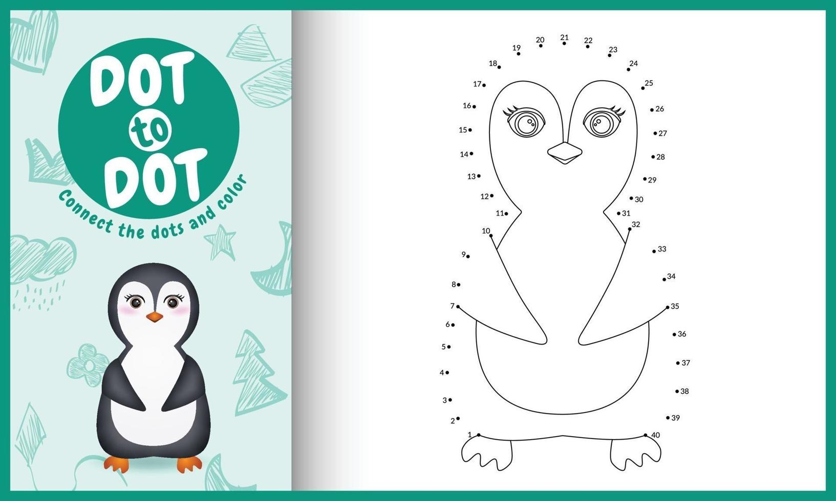 Connect the dots kids game and coloring page with a cute penguin character illustration vector