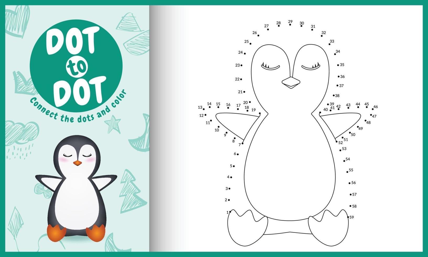 Connect the dots kids game and coloring page with a cute penguin character illustration vector