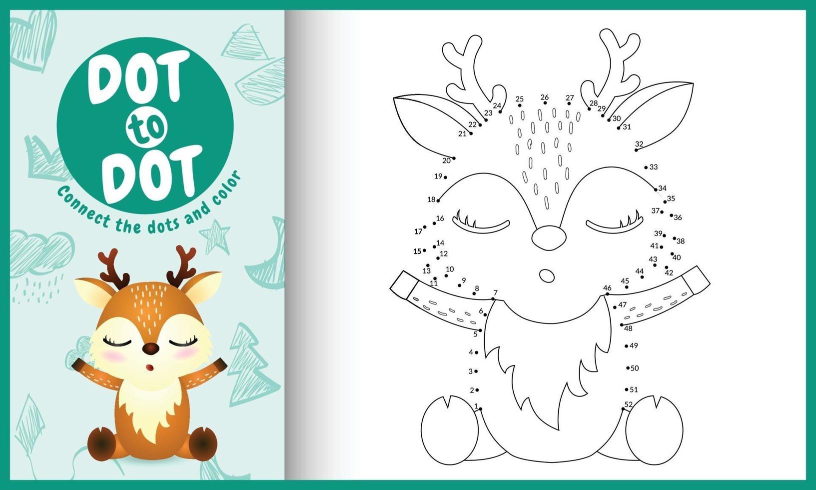 Connect the dots kids game and coloring page with a cute deer character illustration vector