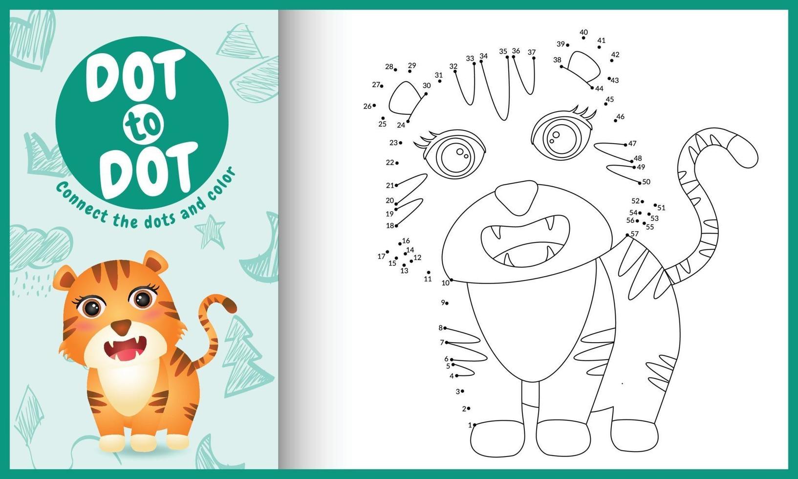 Connect the dots kids game and coloring page with a cute tiger character illustration vector