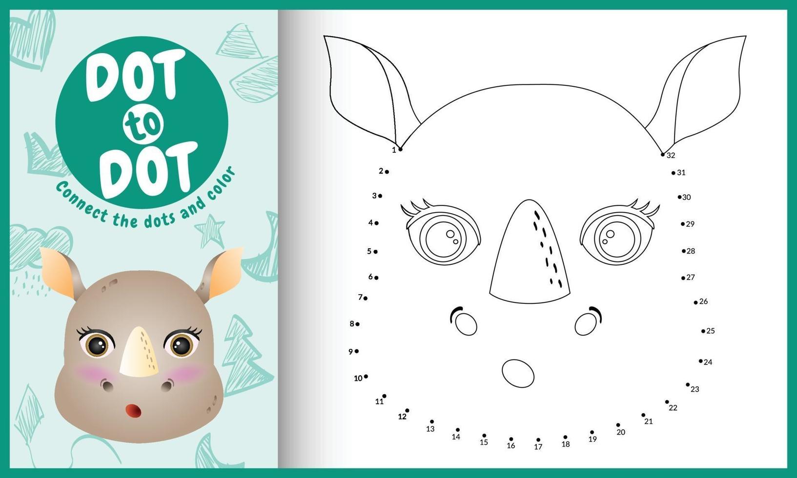 Connect the dots kids game and coloring page with a cute face rhino