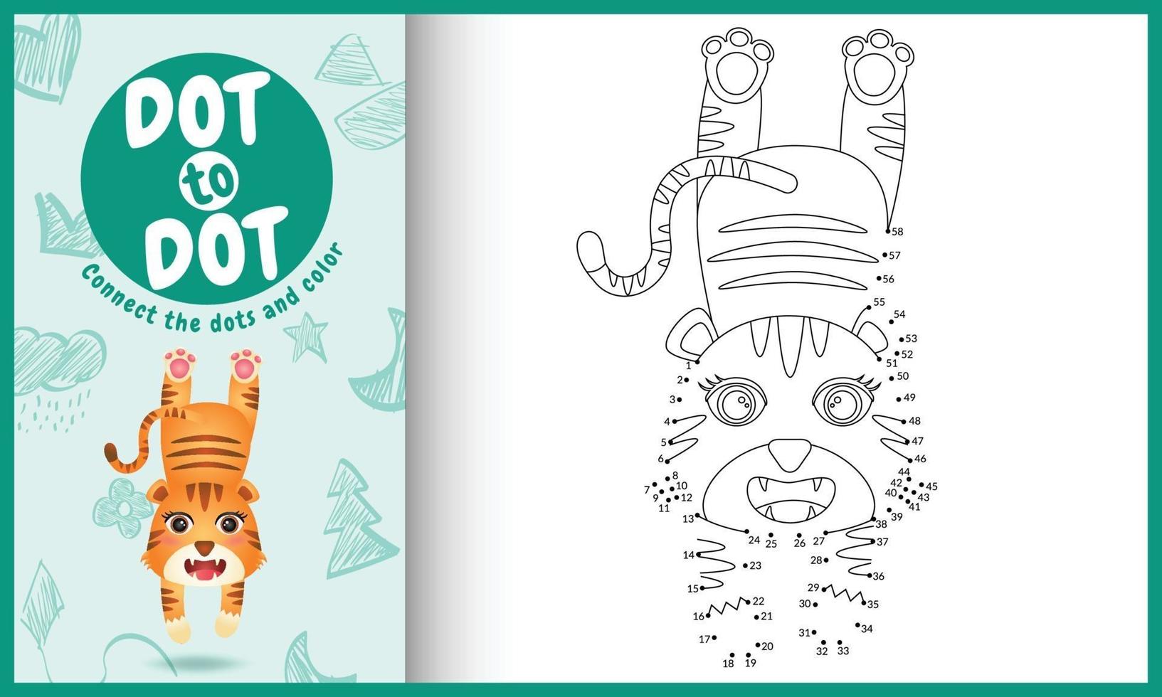 Connect the dots kids game and coloring page with a cute tiger character illustration vector