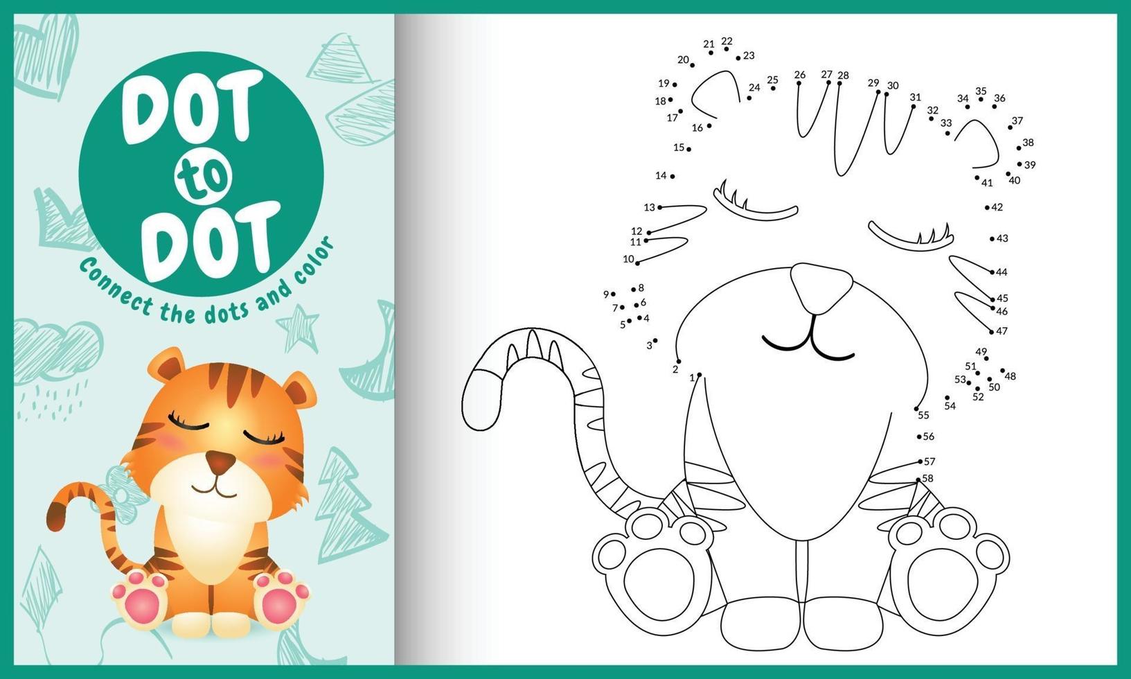 Connect the dots kids game and coloring page with a cute tiger character illustration vector