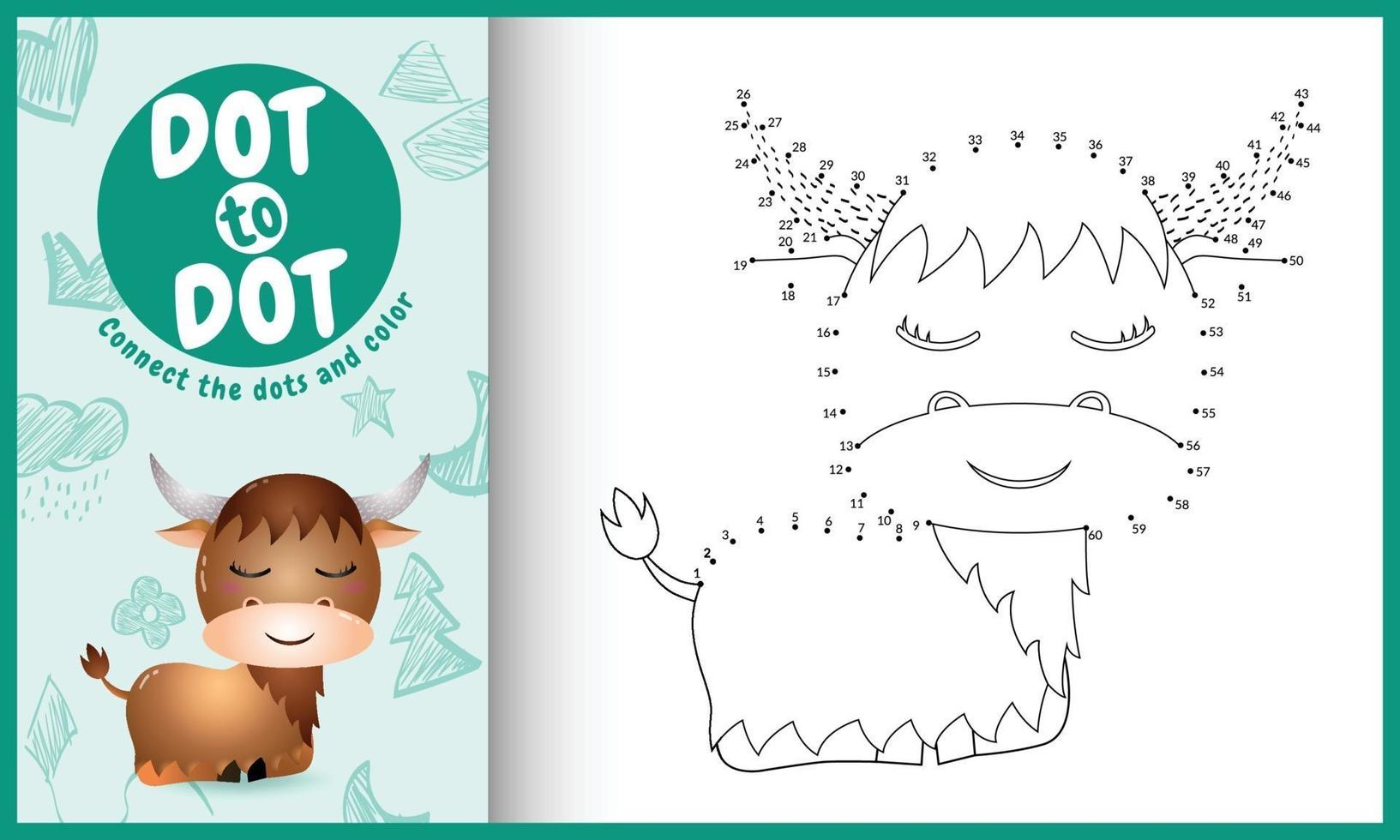 Connect the dots kids game and coloring page with a cute buffalo character illustration vector