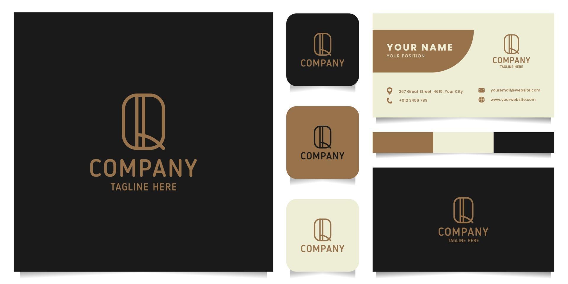 Simple and Minimalist Gold Line Art Letter Q Logo with Business Card Template vector