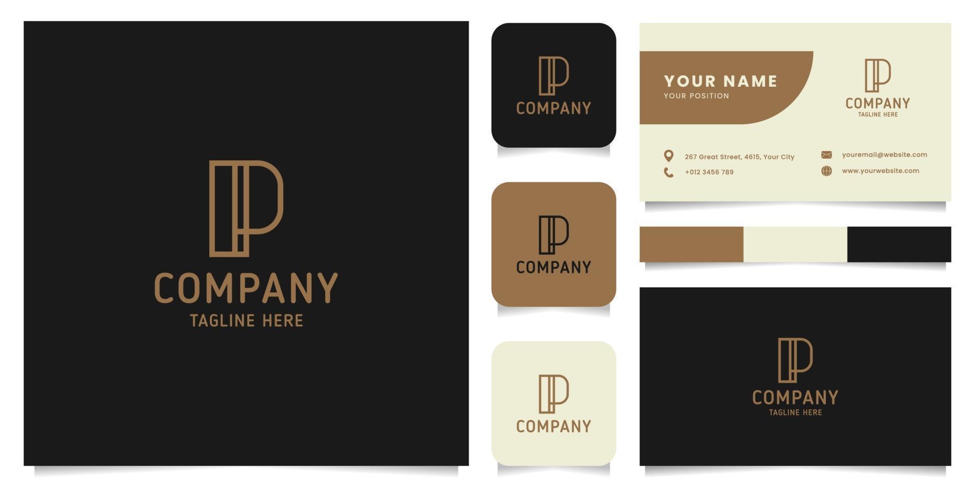 Simple and Minimalist Gold Line Art Letter P Logo with Business Card Template vector