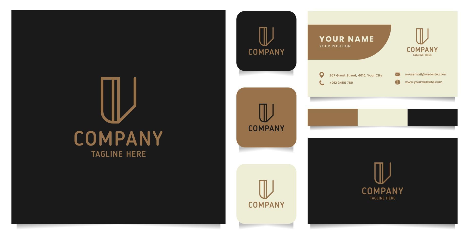 Simple and Minimalist Gold Line Art Letter V Logo with Business Card Template vector