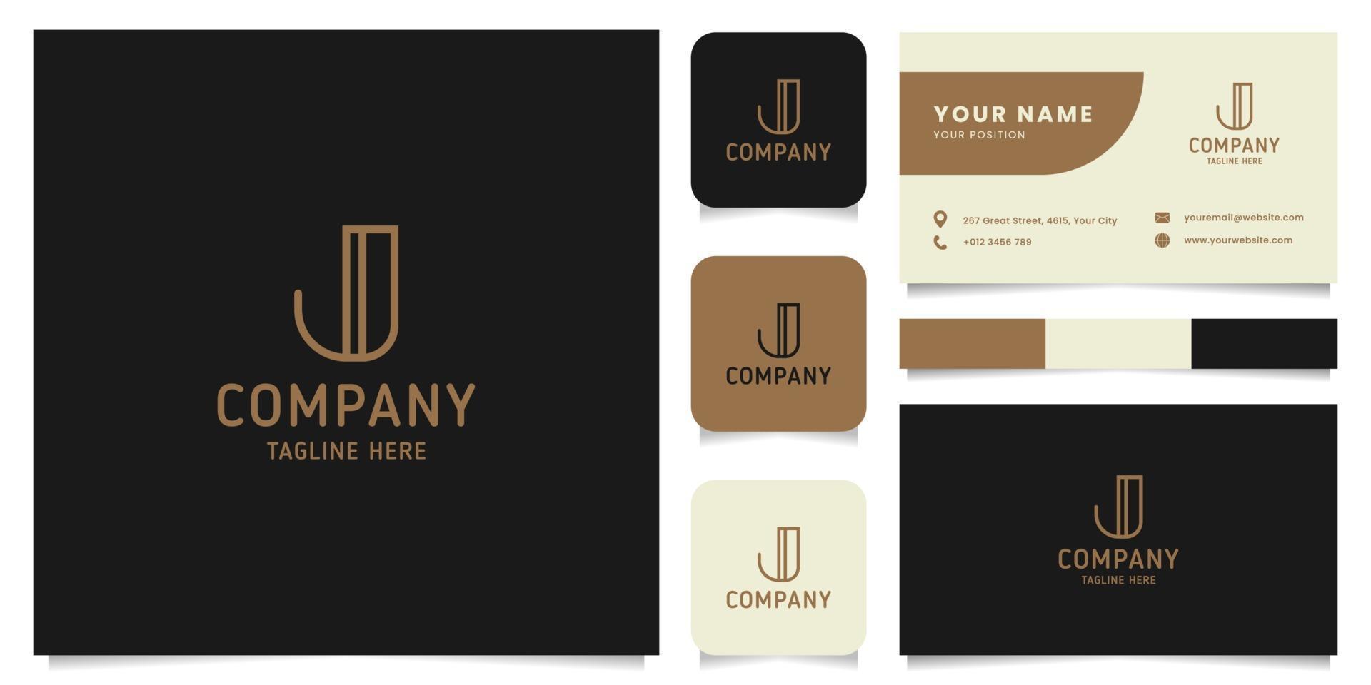 Simple and Minimalist Gold Line Art Letter J Logo with Business Card Template vector