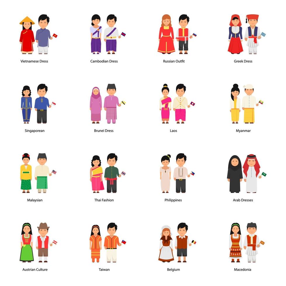 Male and Female Avatars Wearing National Dresses Around the World vector