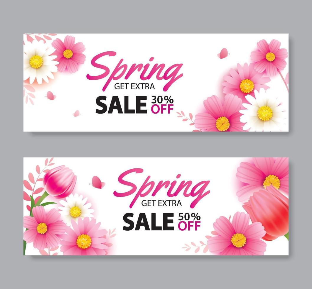 Banner de portada de rebajas de primavera con plantilla de fondo de flores florecientes. diseño para publicidad, volantes, carteles, folletos, invitaciones, cupones de descuento. vector