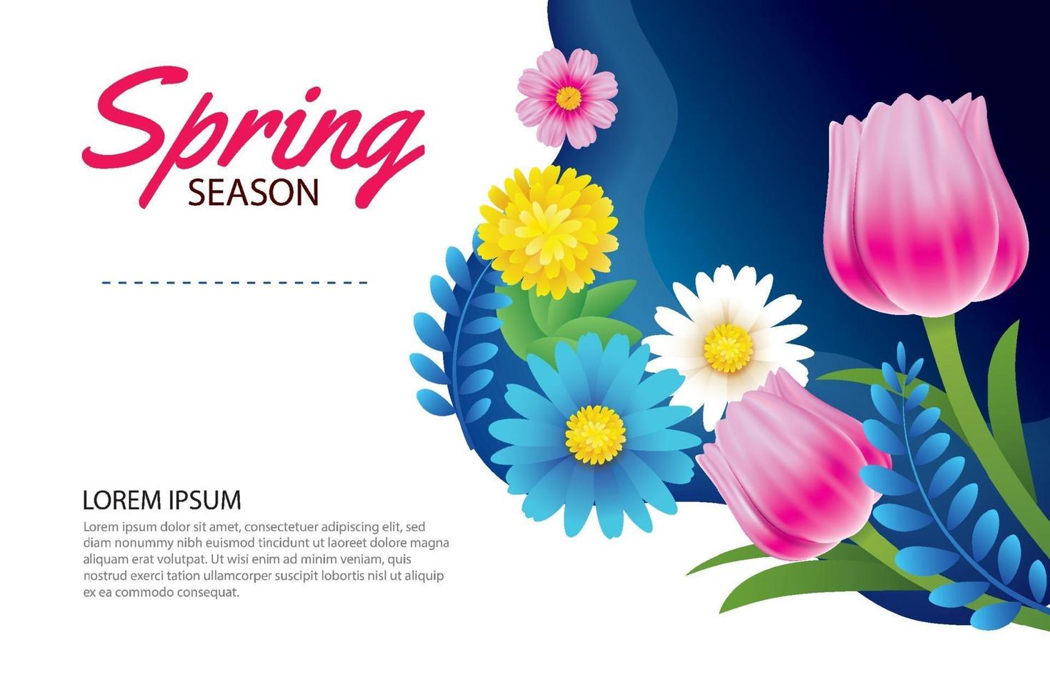 Hola tarjeta de felicitación de primavera e invitación con plantilla de fondo de flores florecientes. diseño para decoración, volantes, carteles, folletos, pancartas. vector