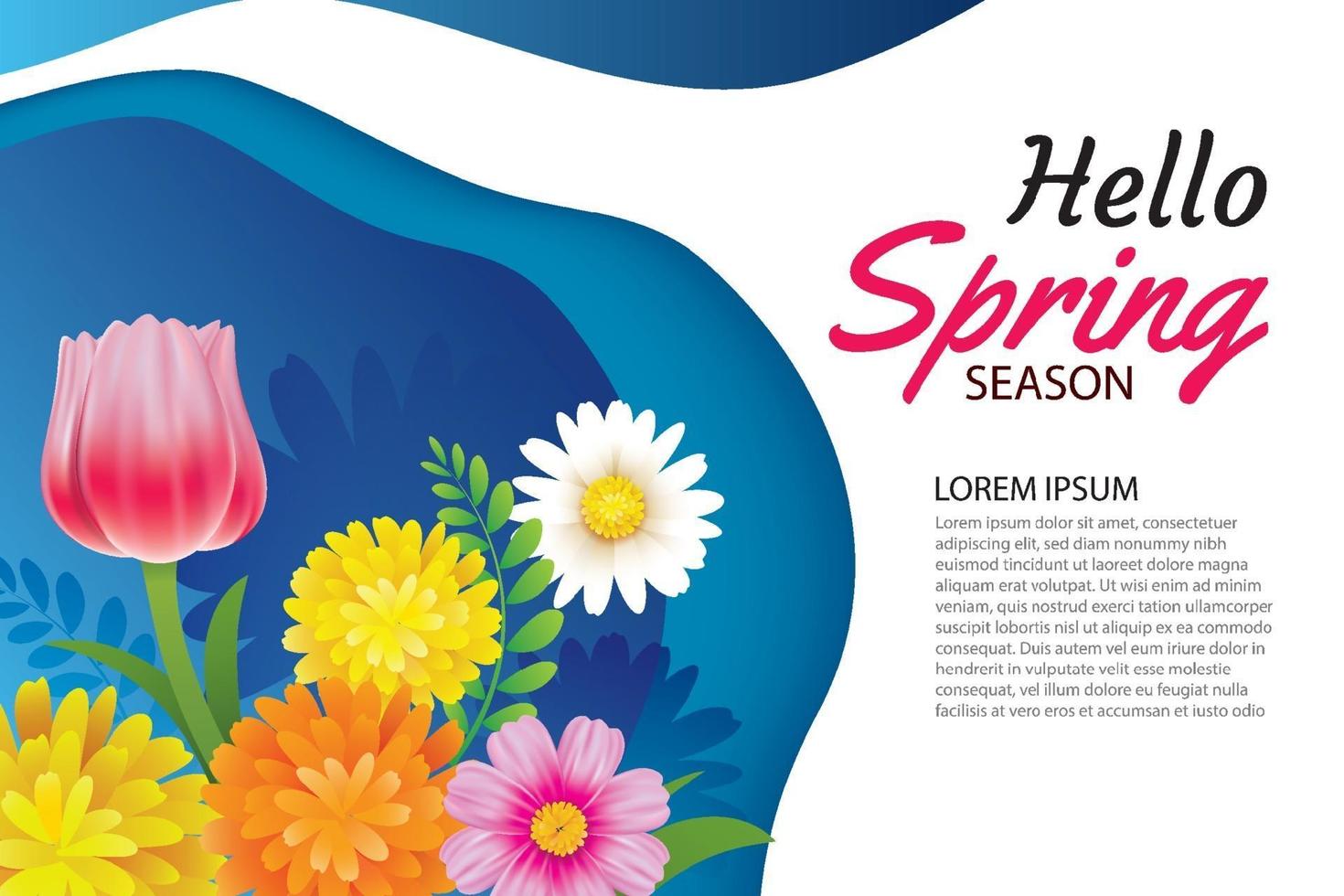 Hello spring greeting card and invitation with blooming flowers background template. Design for decor, flyers, posters, brochure, banner. vector