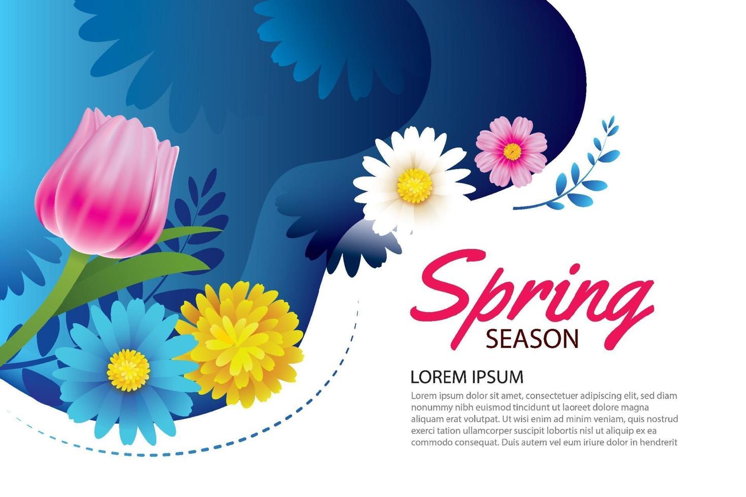 Hello spring greeting card and invitation with blooming flowers background template. Design for decor, flyers, posters, brochure, banner. vector