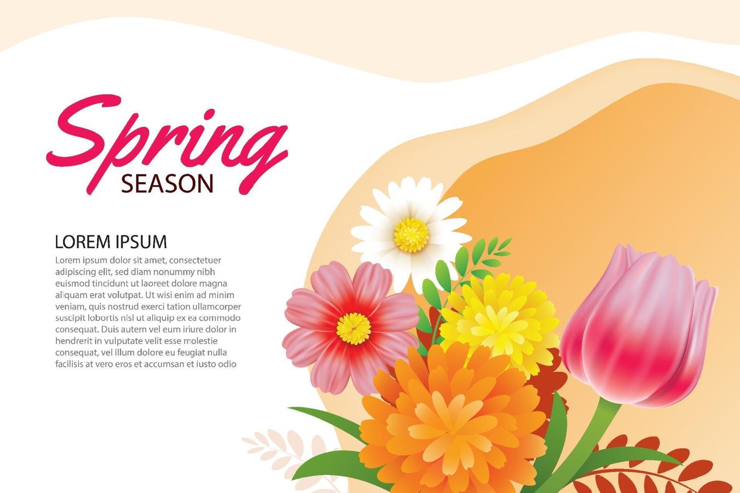 Hello spring greeting card and invitation with blooming flowers background template. Design for decor, flyers, posters, brochure, banner. vector