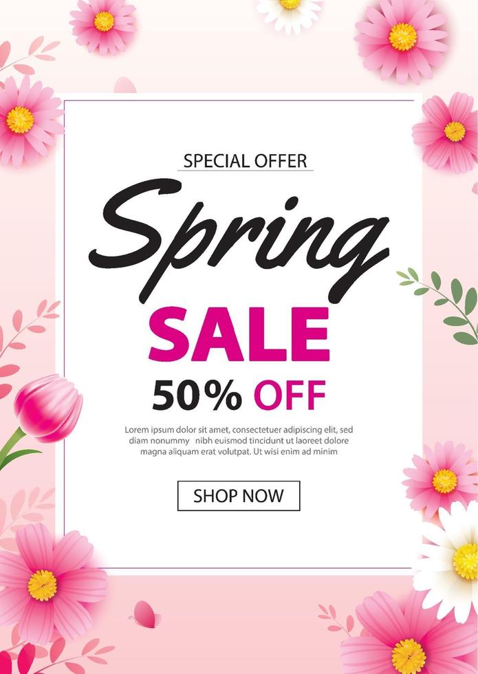 Spring sale poster banner with blooming flowers background template. Design for advertising, voucher, flyers, brochure, cover discount. vector