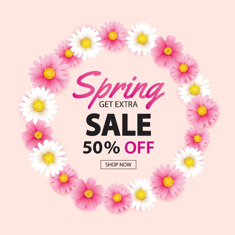 Spring sale circle wreath banner with blooming flowers background template. Design for advertising, flyers, posters, brochure, invitation, voucher discount. vector