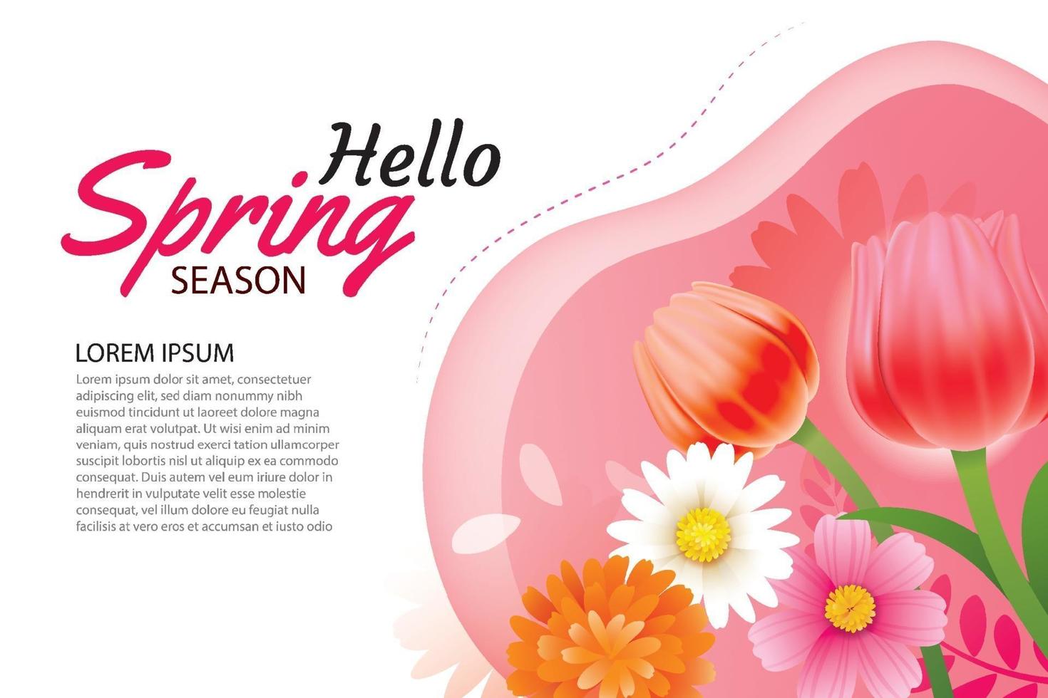Hello spring greeting card and invitation with blooming flowers background template. Design for decor, flyers, posters, brochure, banner. vector