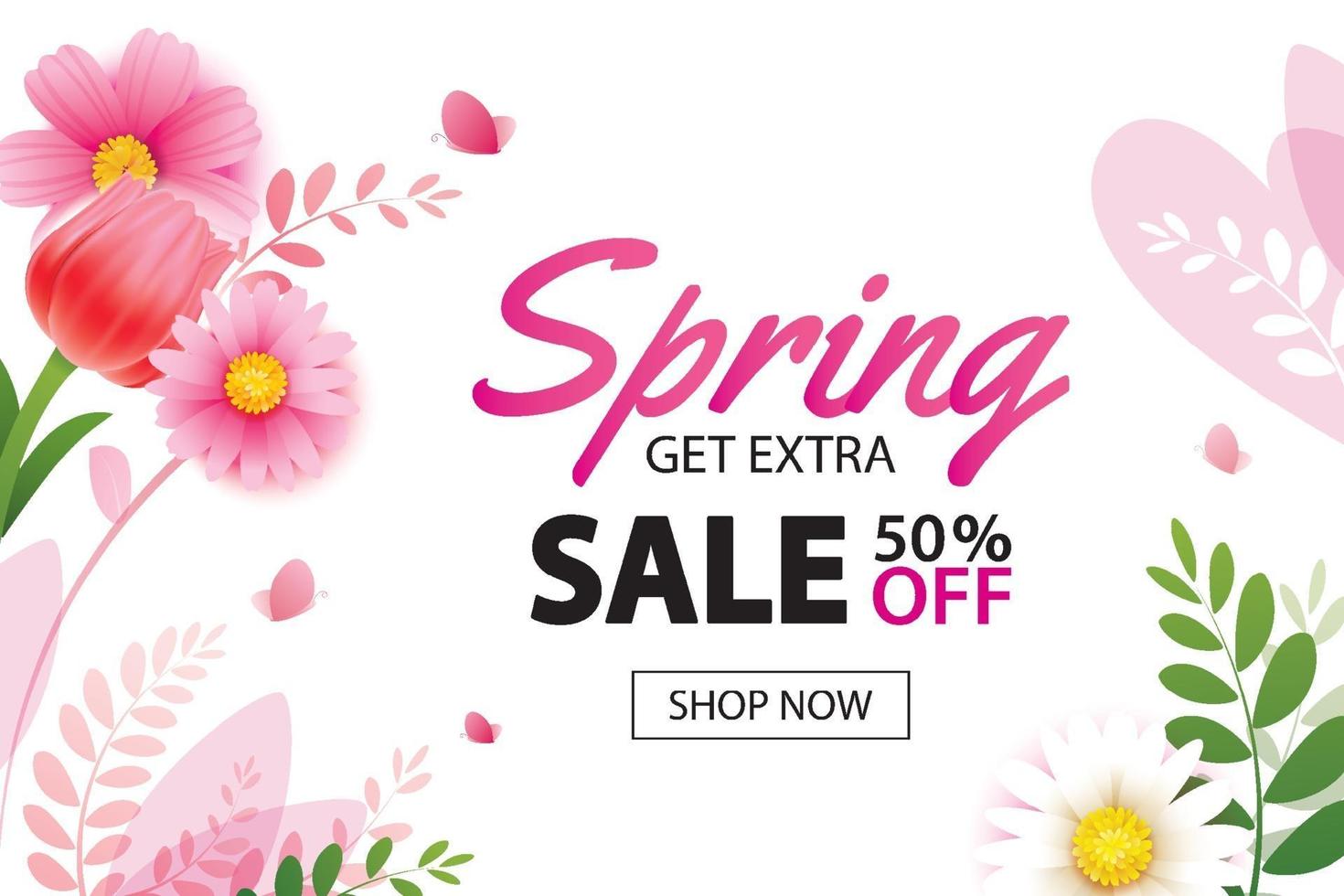 Spring sale banner with blooming flowers background template. Design for advertising, flyers, posters, brochure, invitation, voucher discount. vector