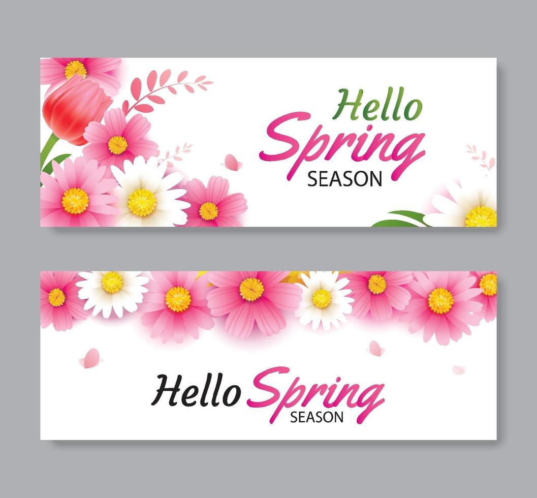 Hello spring greeting card and invitation with blooming flowers background template. Design for cover, flyers, posters, brochure, banner. vector