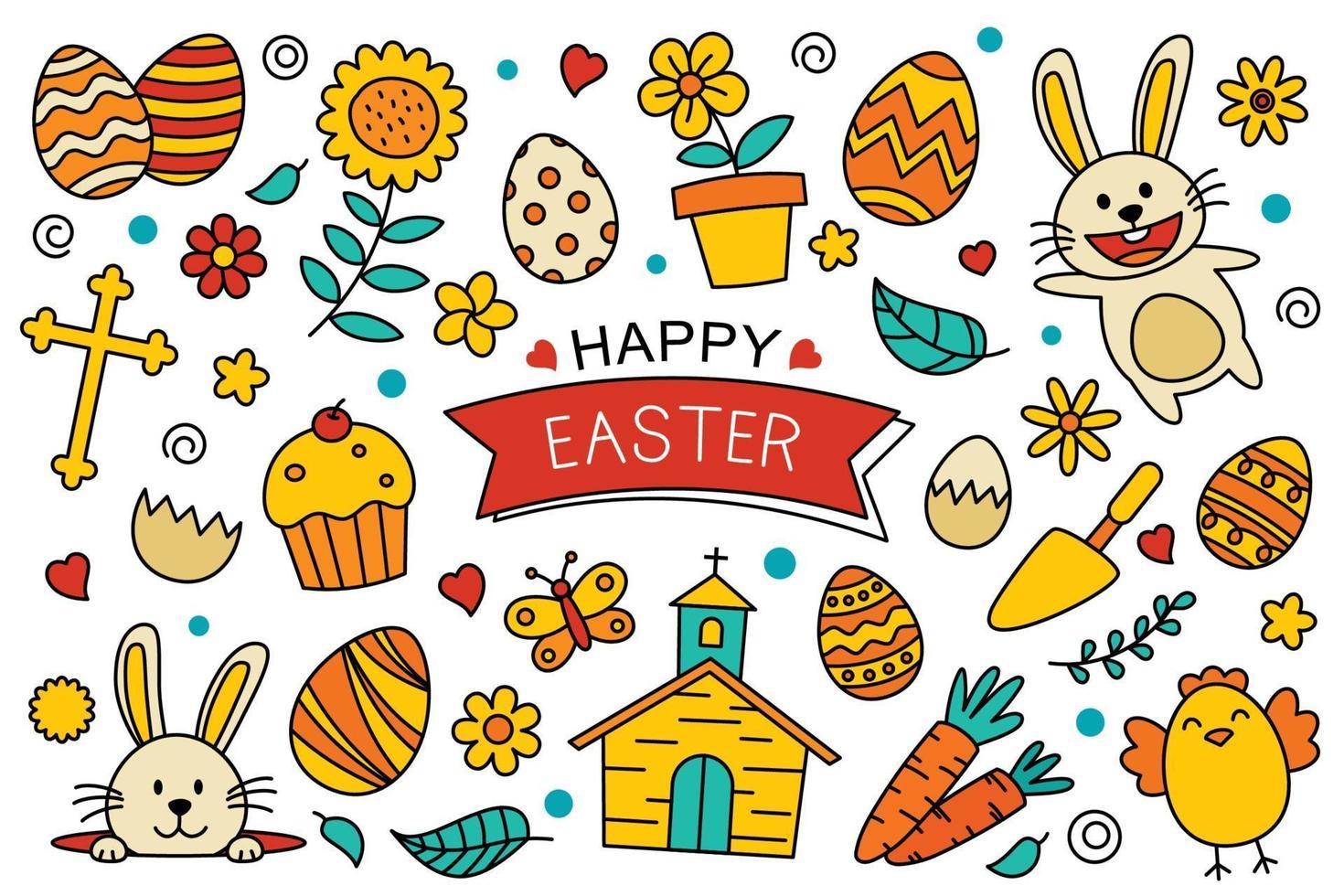 diseño de elementos de doodle de feliz pascua. Pascua con objeto y decoraciones sobre fondo blanco. vector