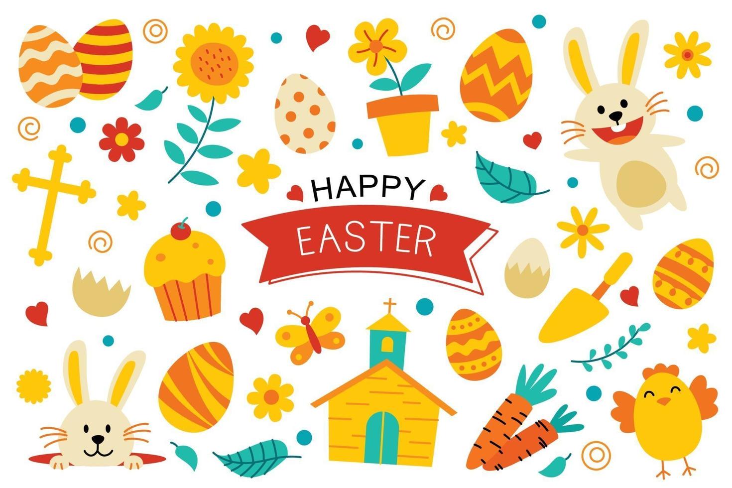 Happy easter flat color elements design. Easter set with object and decorations on white background. vector