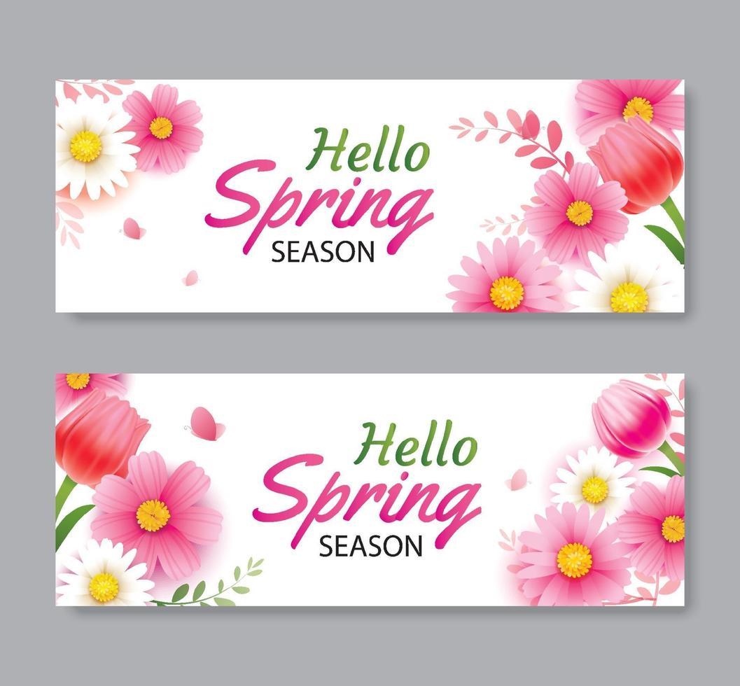 Hello spring greeting card and invitation with blooming flowers background template. Design for cover, flyers, posters, brochure, banner. vector