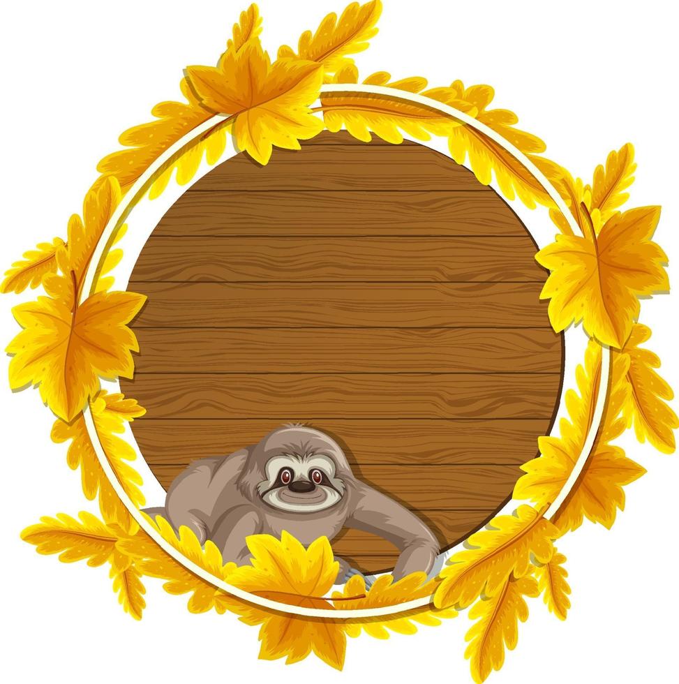 Round autumn leaves banner template with a sloth cartoon character vector