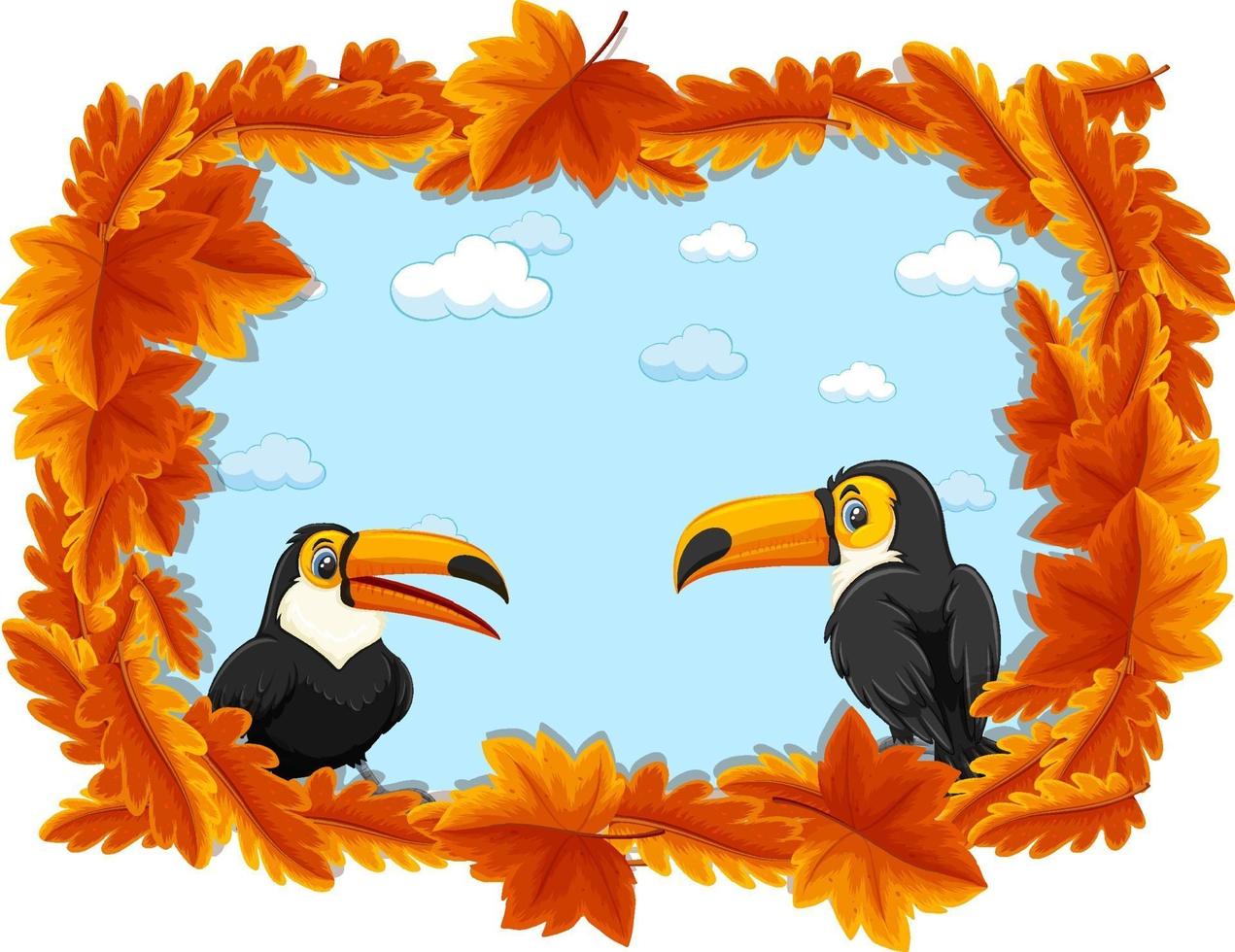 Red leaves banner template with toucan cartoon character vector