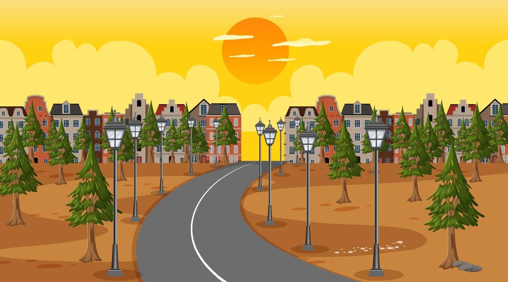 Background scene with long road through the park into the town at sunset time vector