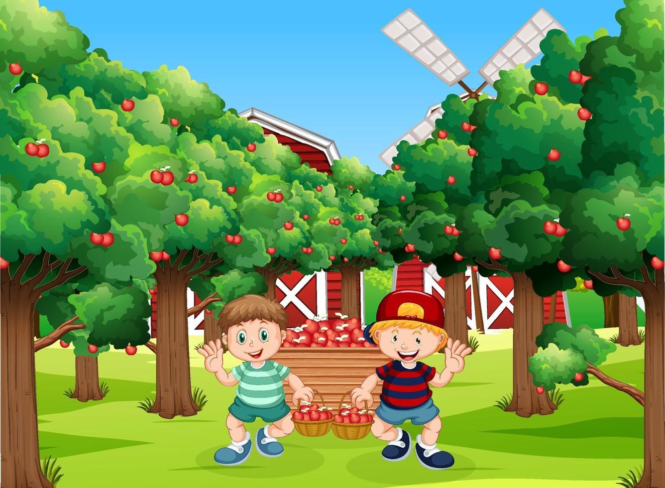 escena de la granja con personaje de dibujos animados de niño granjero vector