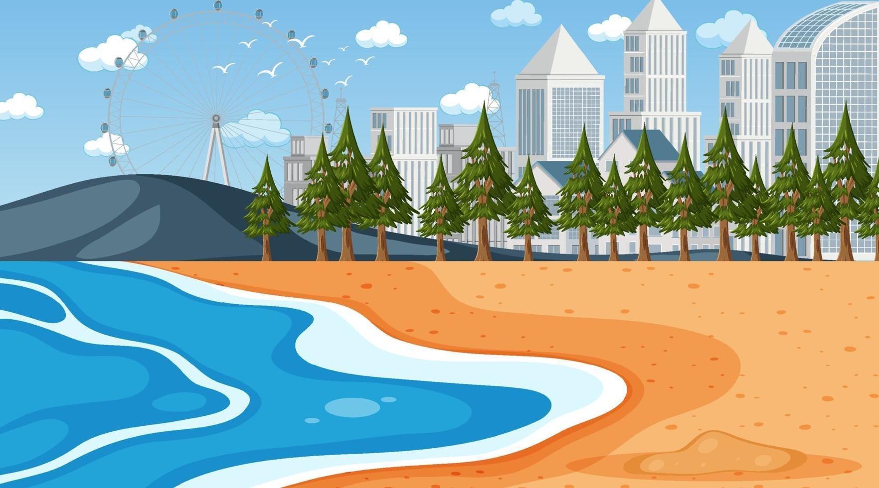 escena de playa con fondo de paisaje urbano vector