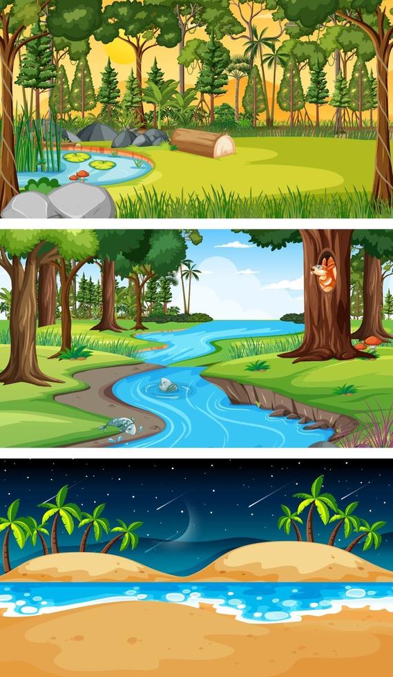 Conjunto de diferentes tipos de escenas horizontales de bosque. vector