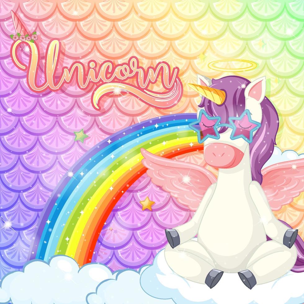 Unicorn font with cute unicorn cartoon character on rainbow fish scales background vector