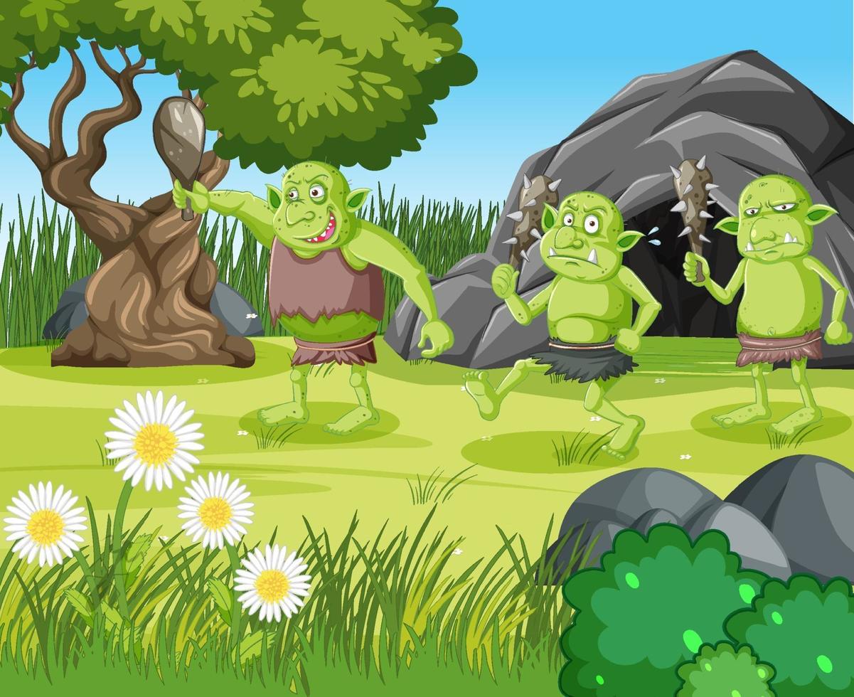 Escena al aire libre con personaje de dibujos animados duende o troll vector