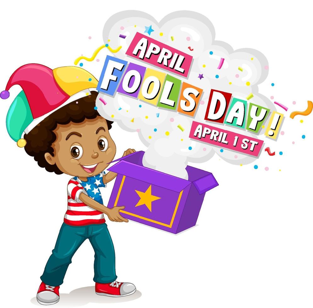 A boy wearing jester hat holding surprise box with April's fool day font vector