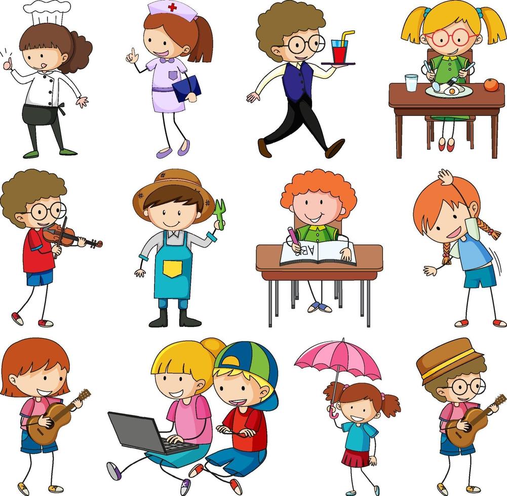 Set of different doodle kids cartoon character vector