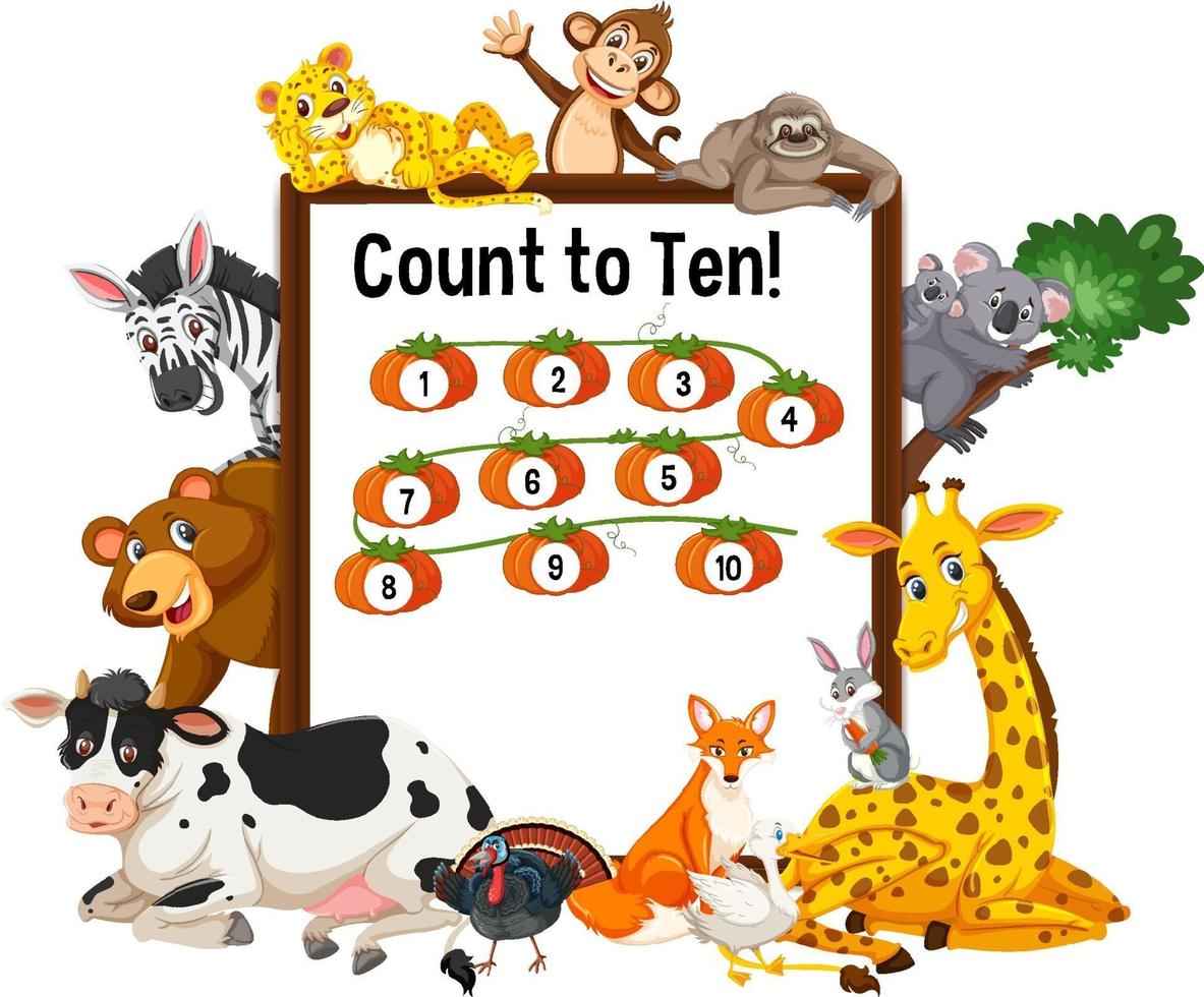 Count to ten board with wild animals vector