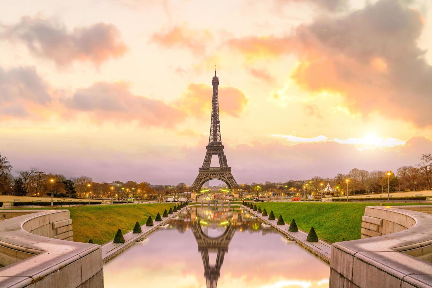 Eiffel Tower at sunrise from Trocadero Fountains in Paris photo