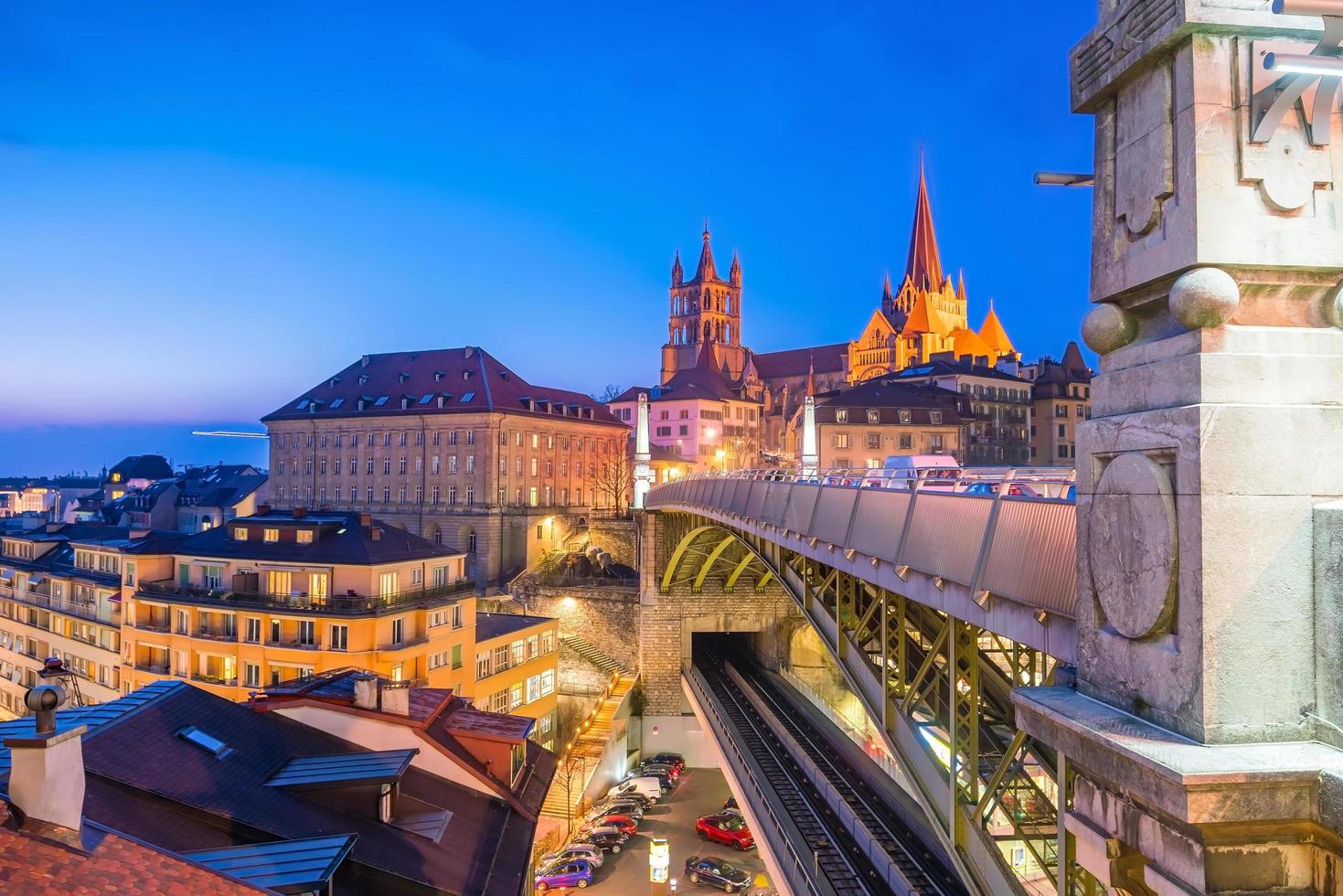 Downtown Lausanne city skyline in Switzerland photo