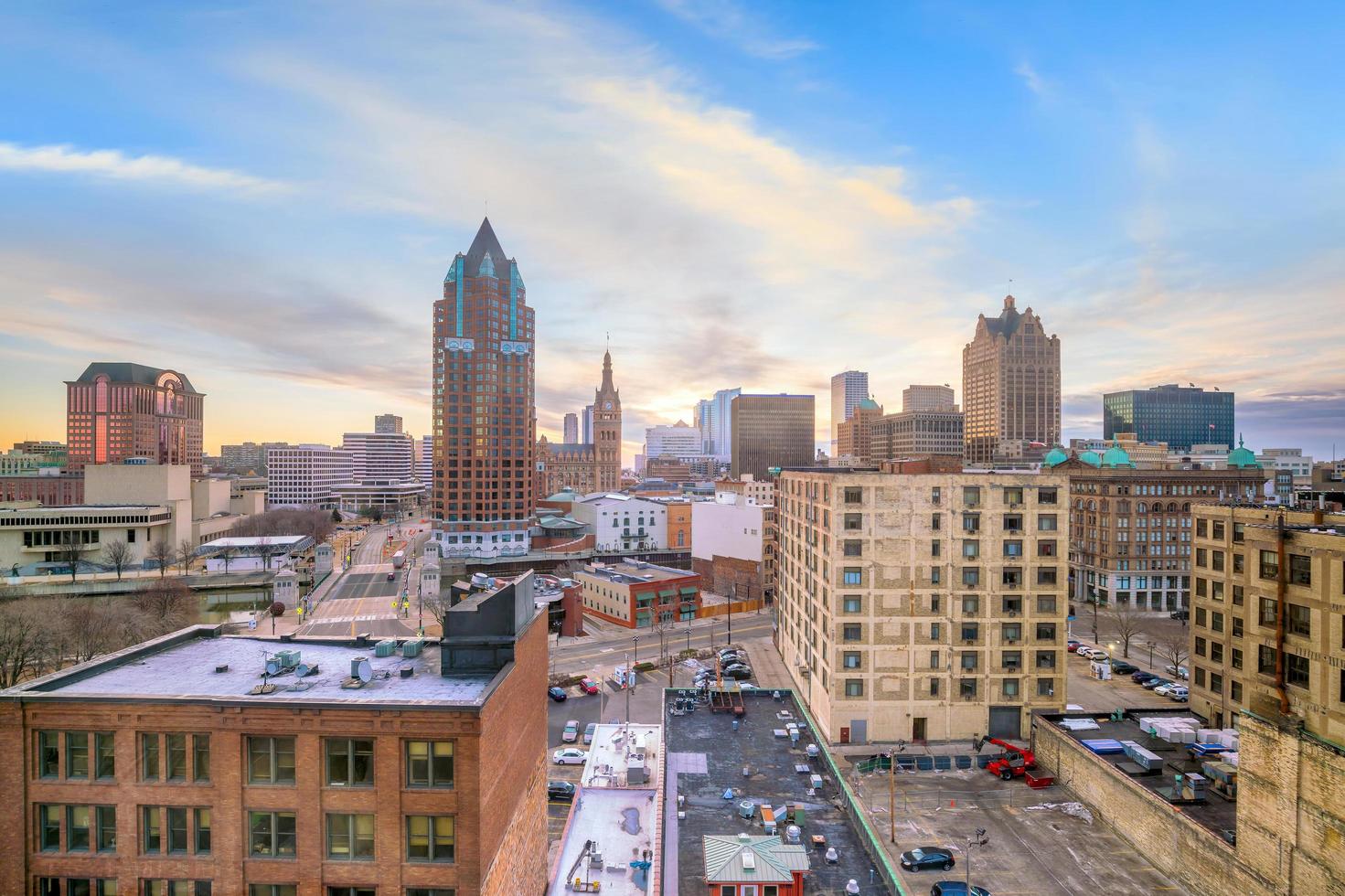 Downtown skyline with Buildings in Milwaukee USA photo