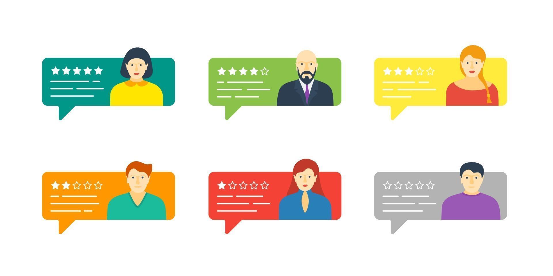 Feedback chat speech bubble set with male and female avatars. Review grading system five stars rating with good and bad testimonial rate collection. Vector quality appraisal illustration concept