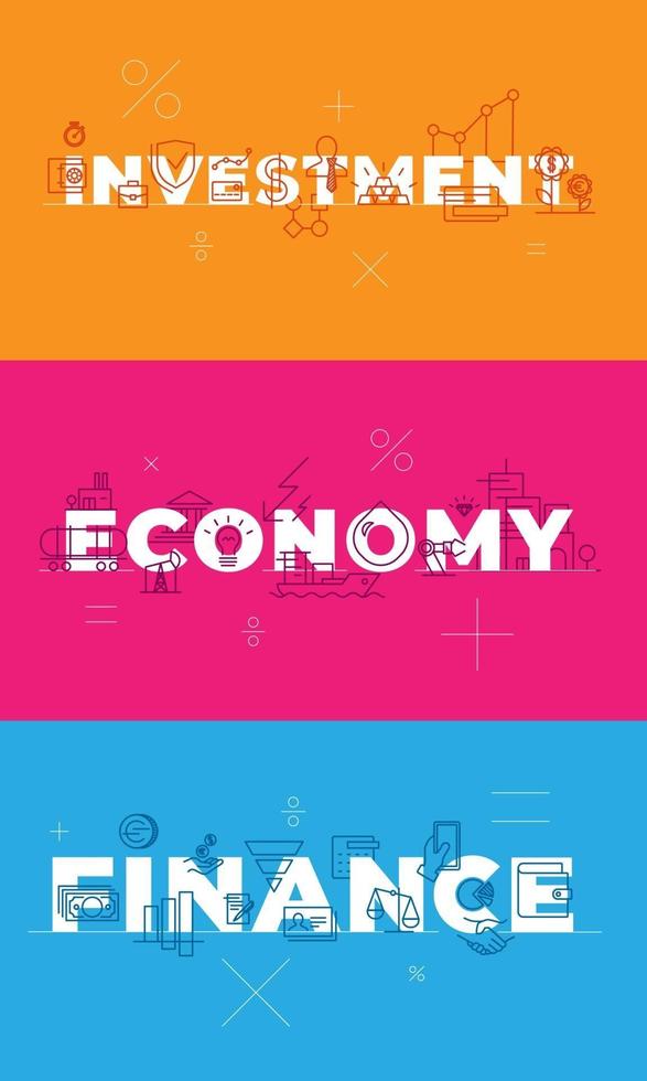 Finance investment economy on blue orange pink background. Conceptual visualization words. Outline vector icons set. Financial management payment sign credit card business idea concept